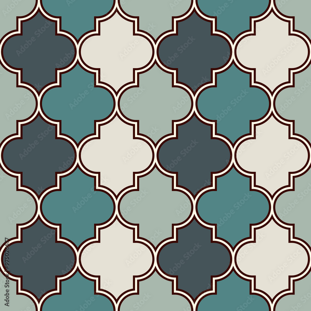 Seamless surface design with ogee ornament. Oriental traditional pattern with repeated mosaic tile. Tracery window wallpaper. Moroccan crosses motif. Arabesque digital paper, textile print. Vector art