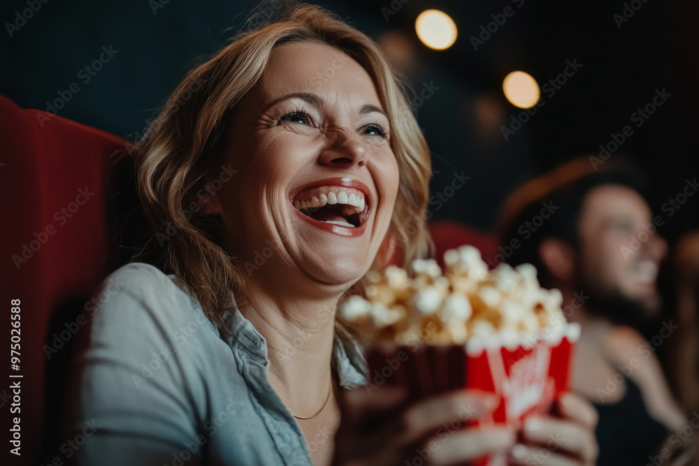 A Caucasian middle-aged woman, cheerful and lively, munching on popcorn while watching a comedy in the cinema. Her laughter is contagious as she enjoys the movie. A Caucasian middle-aged woman, cheerful and lively, munching on popcorn while watching a comedy in the cinema. Her laughter is contagious as she enjoys the movie.