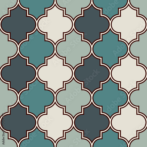 Seamless surface design with ogee ornament. Oriental traditional pattern with repeated mosaic tile. Tracery window wallpaper. Moroccan crosses motif. Arabesque digital paper, textile print. Vector art