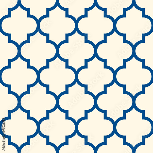 Seamless surface design with ogee ornament. Oriental traditional pattern with repeated mosaic tile. Tracery window wallpaper. Lantern shapes motif. Arabesque digital paper, textile print. Vector art