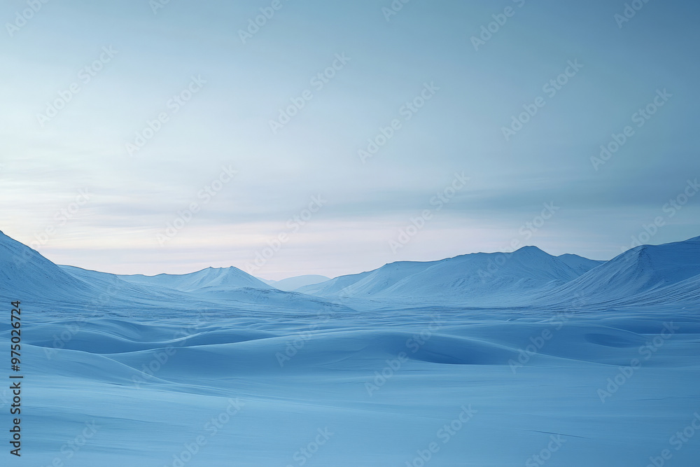 A serene snow-covered landscape with a gradient sky transitioning from a pale blue at the horizon to a deep indigo above. The snow-covered ground and distant mountains are bathed in the cool gradient