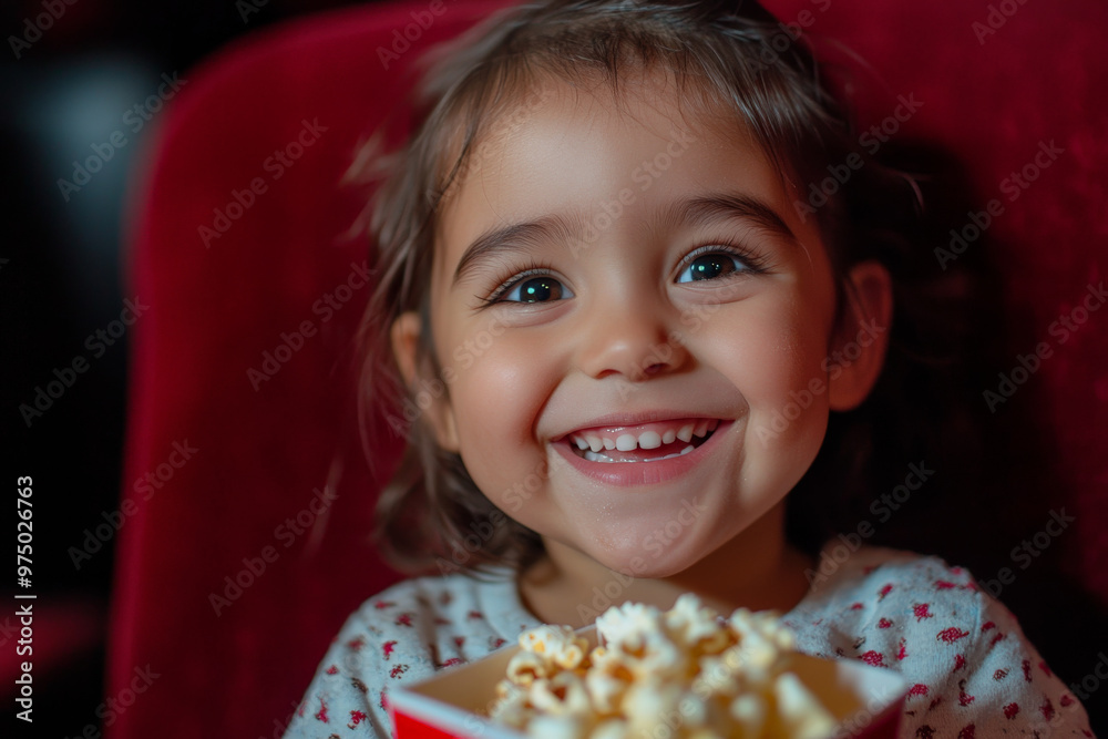 Naklejka premium A Hispanic preschooler girl, joyful and innocent, munching on popcorn while watching a comedy movie in a cinema. Her laughter lights up the theater.