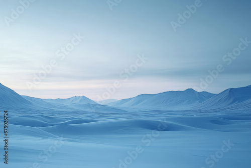 Obraz na płótnie A serene snow-covered landscape with a gradient sky transitioning from a pale blue at the horizon to a deep indigo above. The snow-covered ground and distant mountains are bathed in the cool gradient w salonie