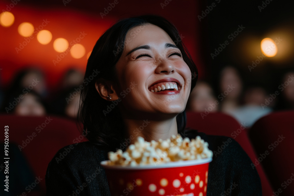 A Japanese middle-aged woman, happy and engaged, enjoying a bucket of popcorn while watching a comedy in the cinema. Her laughter is captured in a warm, candid moment. A Japanese middle-aged woman, happy and engaged, enjoying a bucket of popcorn while watching a comedy in the cinema. Her laughter is captured in a warm, candid moment.