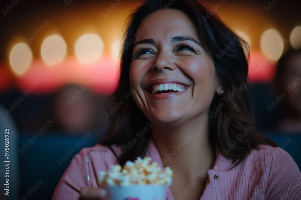 A Hispanic middle-aged woman, smiling broadly, enjoying popcorn while laughing at a comedy movie in a cinema. The glow of the screen highlights her joyful expression. A Hispanic middle-aged woman, smiling broadly, enjoying popcorn while laughing at a comedy movie in a cinema. The glow of the screen highlights her joyful expression.