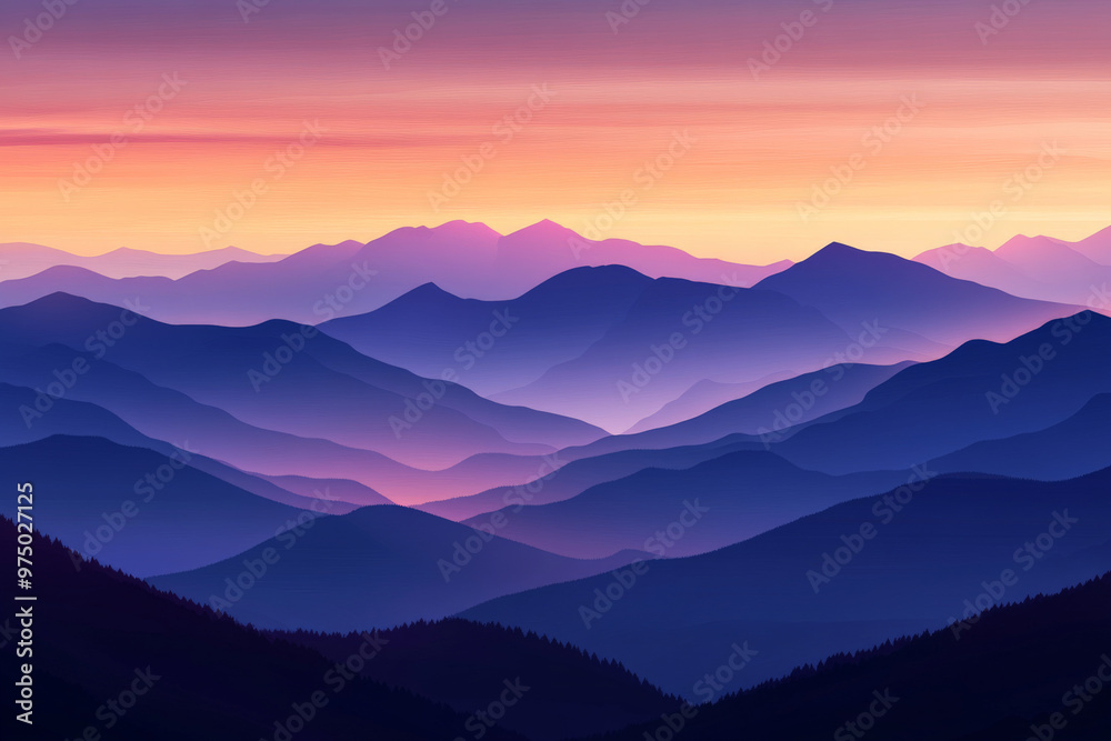 A dramatic mountain landscape with a gradient sky transitioning from sunrise orange at the horizon to soft morning blue at the top. The mountains are shadowed in dark purple, gradually lightening as A dramatic mountain landscape with a gradient sky transitioning from sunrise orange at the horizon to soft morning blue at the top. The mountains are shadowed in dark purple, gradually lightening as