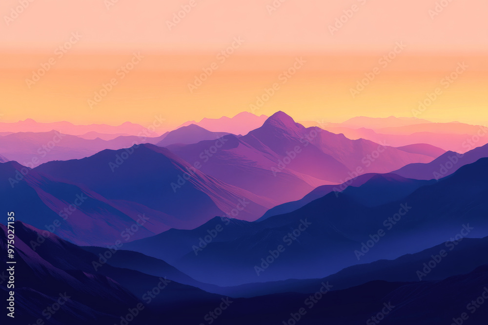 A dramatic mountain landscape with a gradient sky transitioning from sunrise orange at the horizon to soft morning blue at the top. The mountains are shadowed in dark purple, gradually lightening as A dramatic mountain landscape with a gradient sky transitioning from sunrise orange at the horizon to soft morning blue at the top. The mountains are shadowed in dark purple, gradually lightening as