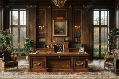 A home office styled as a royal council chamber, with large wooden desk and regal furnishings, representing professional authority. Concept of work. photo