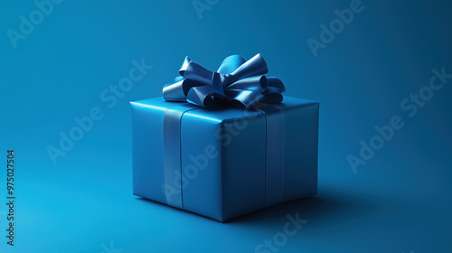 A blue gift box with a festive ribbon on a blue background.