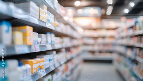 Defocused Pharmacy Store Background with Blurred Lights and Drug Shelves