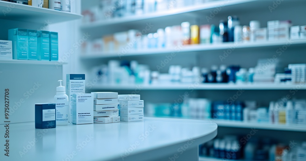 Defocused Pharmacy Store Background with Blurred Lights and Drug Shelves Defocused Pharmacy Store Background with Blurred Lights and Drug Shelves