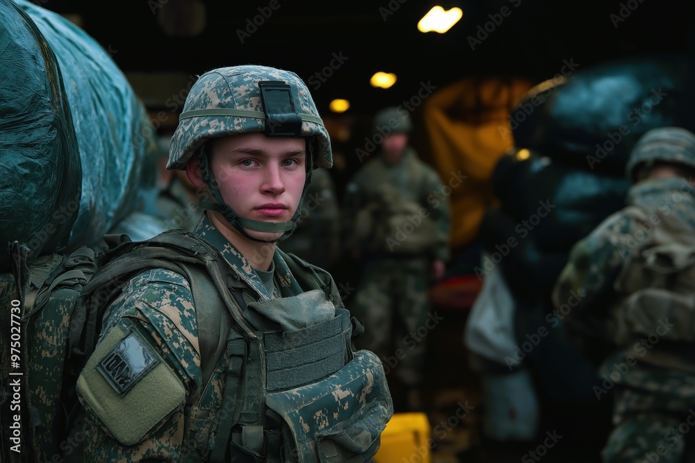 Young soldiers in uniforms focused during military training exercises underovercast skies in an outdoor location Young soldiers in uniforms focused during military training exercises underovercast skies in an outdoor location