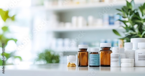 Defocused Pharmacy Store Background with Blurred Lights and Drug Shelves photo