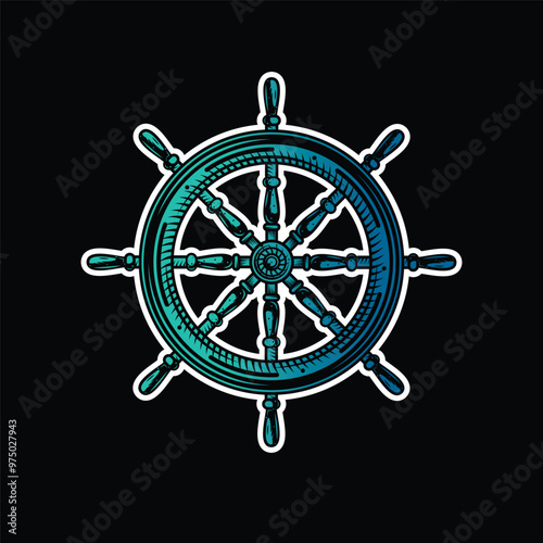 Wooden steering wheel. Old steering wheel with handles for steering a pirate boat and a cruise yacht. Original vector illustration in vintage style isolated on black background. T-shirt design.