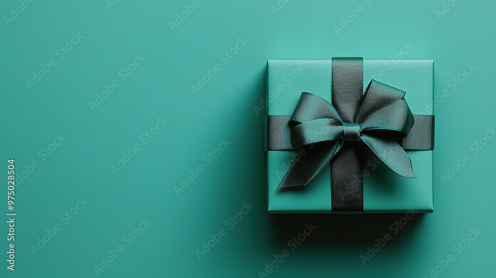 A mint gift box with a festive dark mint ribbon on a mint background. A mint gift box with a festive dark mint ribbon on a mint background.