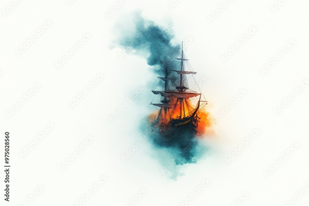 Ghostly Haunting of Abandoned Pirate Ship in Eerie Fog - Watercolor Illustration of Spirits on Haunted Vessel Ghostly Haunting of Abandoned Pirate Ship in Eerie Fog - Watercolor Illustration of Spirits on Haunted Vessel