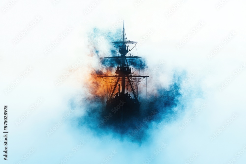 Ghostly Pirate Ship Emerging from Cursed Sea in Eerie Watercolor Atmosphere