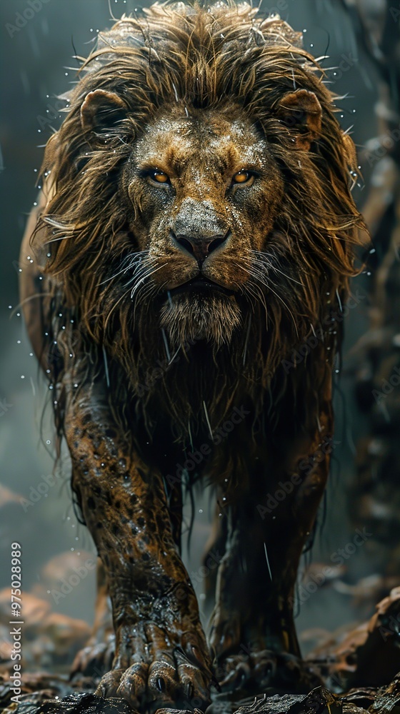 Majestic Lion in the Rain: A Powerful Portrait Majestic Lion in the Rain: A Powerful Portrait