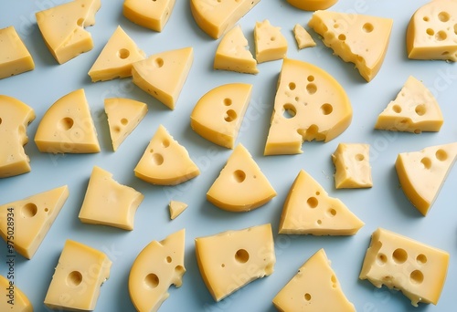 Pieces of yellow cheese with holes, on a white background