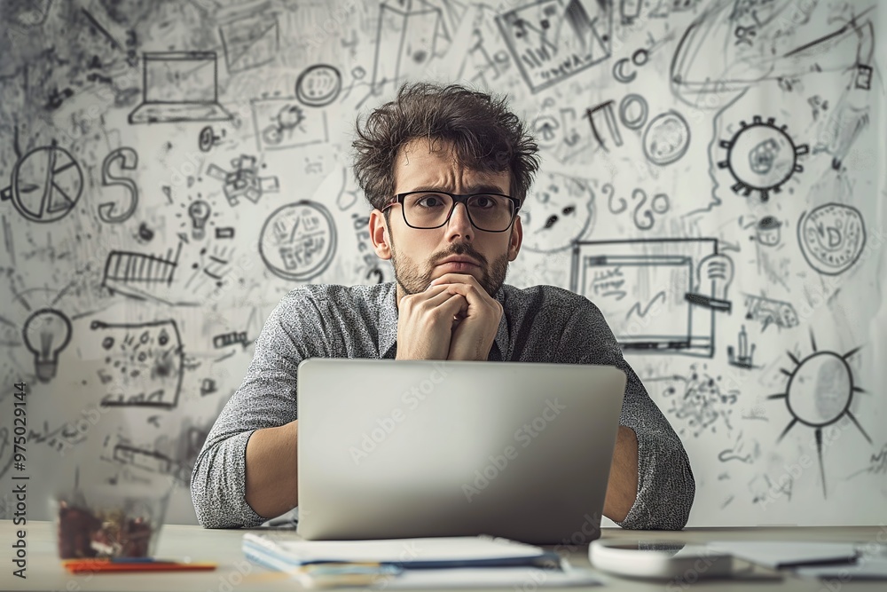 Focused businessman contemplating ideas at a workspace with a creative backdrop in a busy office setting Focused businessman contemplating ideas at a workspace with a creative backdrop in a busy office setting