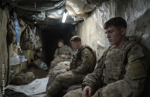 Young soldiers in uniforms focused during military training exercises underovercast skies in an outdoor location