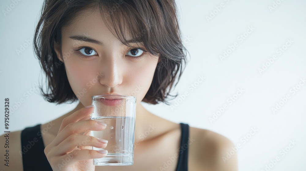 A beautiful Japanese woman is drinking water from a glass, against a white background, High quality photo A beautiful Japanese woman is drinking water from a glass, against a white background, High quality photo