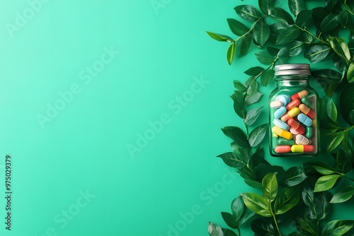 Photo of Green Leaves and Various Medicine Pills on a Vibrant, Colorful Background Representing Health, Wellness, and Natural Remedies in Pharmaceutical Context photo