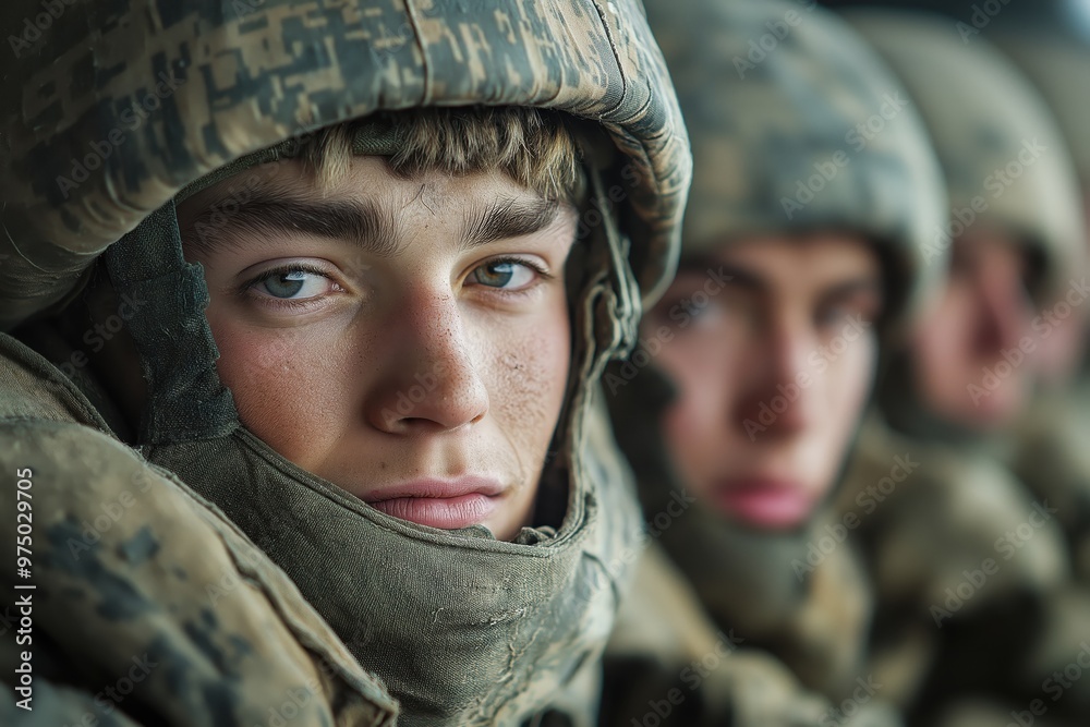 Young soldiers smiling while resting in a military vehicle during a break from training at a rural base Young soldiers smiling while resting in a military vehicle during a break from training at a rural base