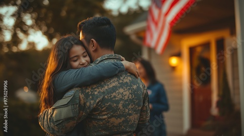 A soldier in camouflage uniform embraces his daughter at home after returning from deployment, with an American flag waving in the background