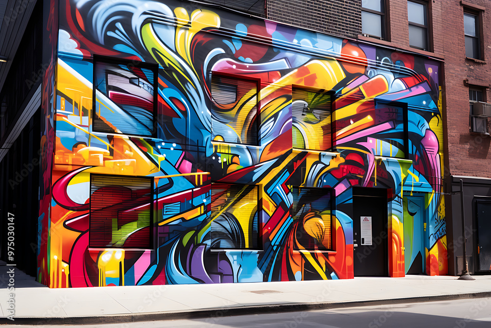 Naklejka premium Abstract bright graffiti pattern. With bricks, paint drips, words in graffiti style. Graphic urban design for textiles, sportswear, prints.