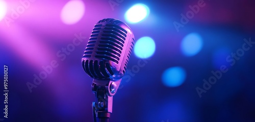 a vintage microphone on stage with blue and purple lights