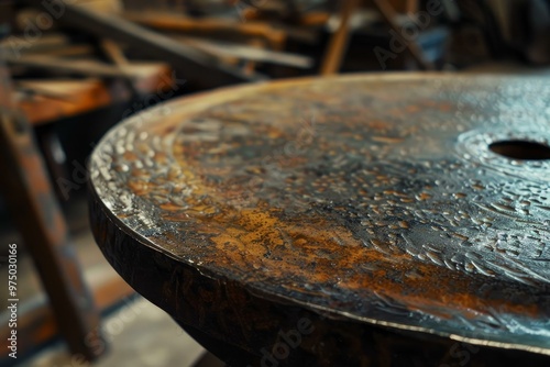 Round rusty metal table top showing welding marks is standing in a workshop