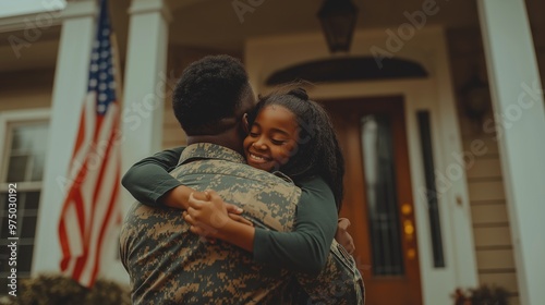A soldier in camouflage uniform embraces his daughter at home after returning from deployment, with an American flag waving in the background