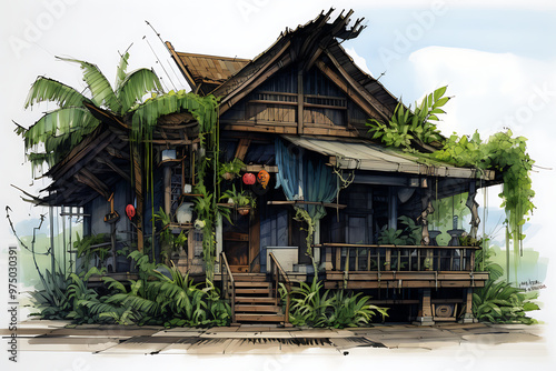 Time to travel. Tropical resort poster vintage. Beach coast traditional huts, palms, ocean. Retro style illustration