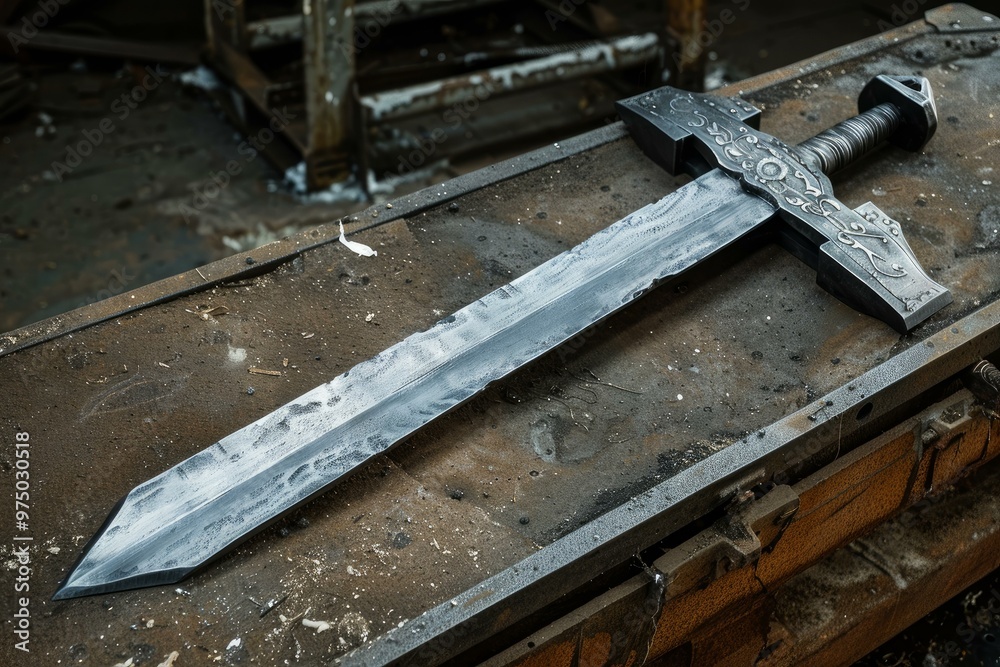 Hand forged medieval style sword is laying on a blacksmith's workbench Hand forged medieval style sword is laying on a blacksmith's workbench
