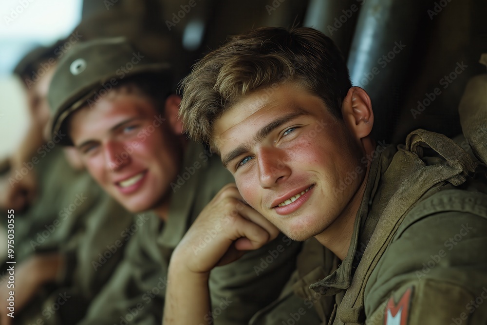 Young soldiers smiling while resting in a military vehicle during a break from training at a rural base Young soldiers smiling while resting in a military vehicle during a break from training at a rural base