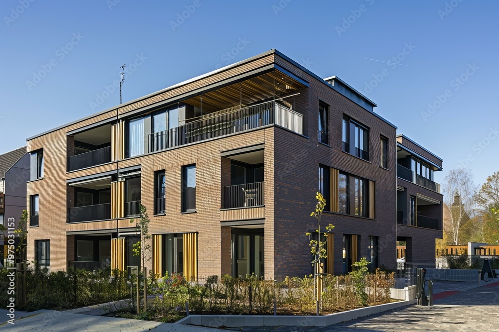 Modern residential building with a brick facade, balconies, and large windows, enjoying the sunlight on a clear day Modern residential building with a brick facade, balconies, and large windows, enjoying the sunlight on a clear day