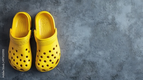 Bright yellow Crocs footwear on plain background, showcasing casual summer shoes made of rubber material with ventilation holes, comfortable design, and vibrant color. AI generated illustration.