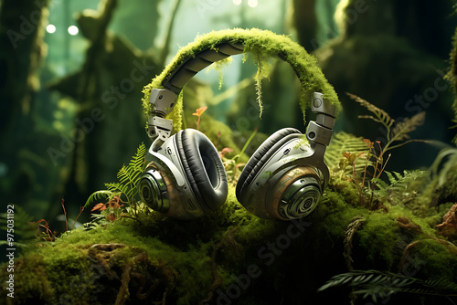Headphone on spring background.
