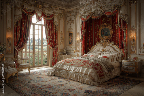 A bedroom designed like a luxurious castle chamber, with a canopy bed and tapestries, showcasing regal elegance. Concept of opulence.