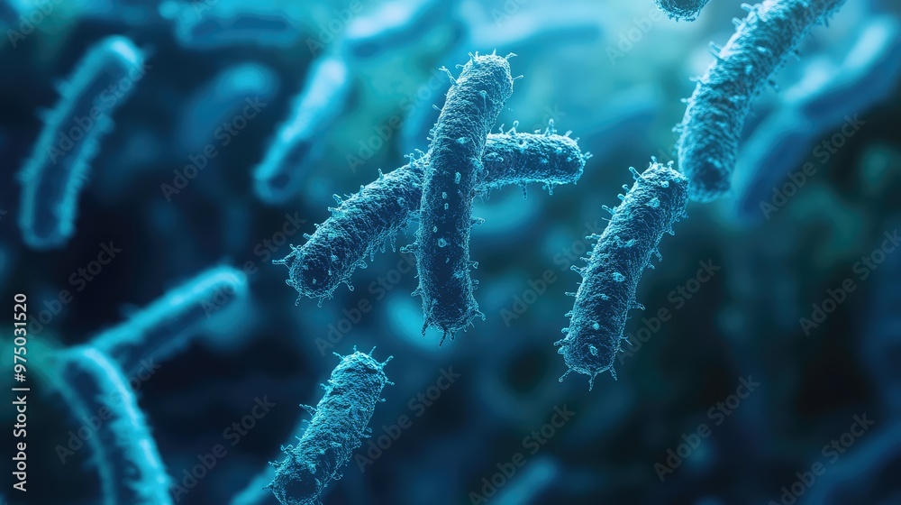 3D Microscopic Blue Bacteria. AI generated illustration
