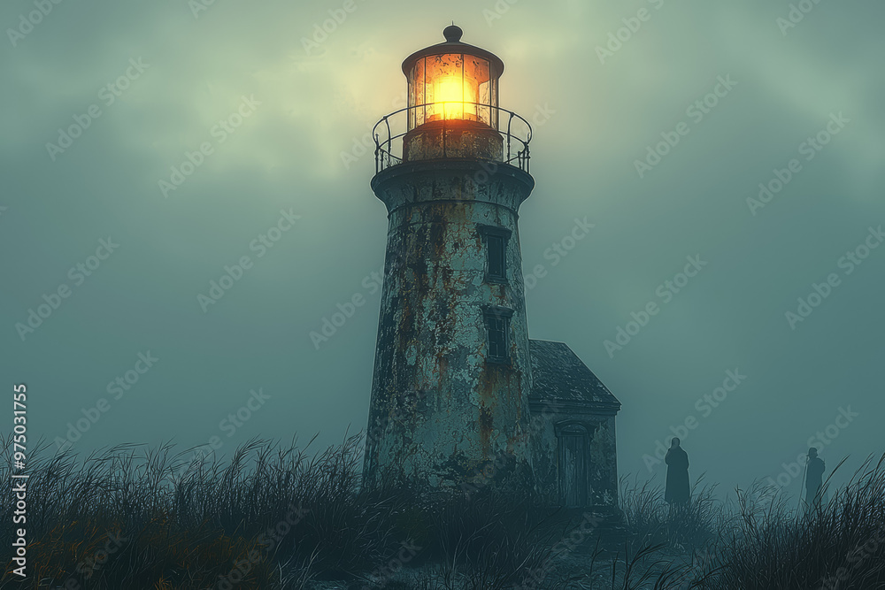 An old, weathered lighthouse with a ghostly light beacon shining through the fog, revealing spectral figures on the shore. Concept of maritime hauntings and ghostly guides. An old, weathered lighthouse with a ghostly light beacon shining through the fog, revealing spectral figures on the shore. Concept of maritime hauntings and ghostly guides.