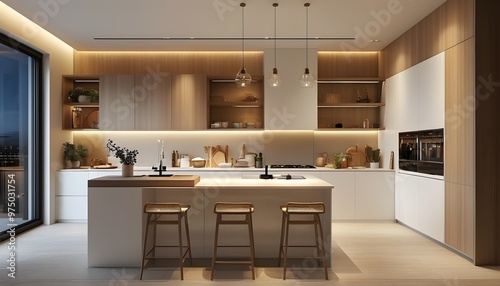 Elegant kitchen design with white and light brown tones illuminated by ambient night lighting