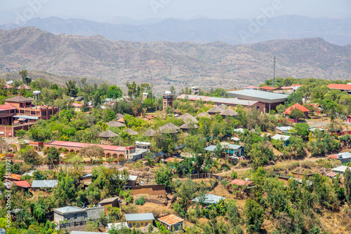 Aerial view to ethiopian town streets and buildings, Lalibela, Amhara Region, Ethiopia.