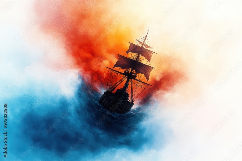 Ghostly Pirate Ship Entangled in a Cursed Whirlpool - Eerie Watercolor Illustration of Maritime Adventure