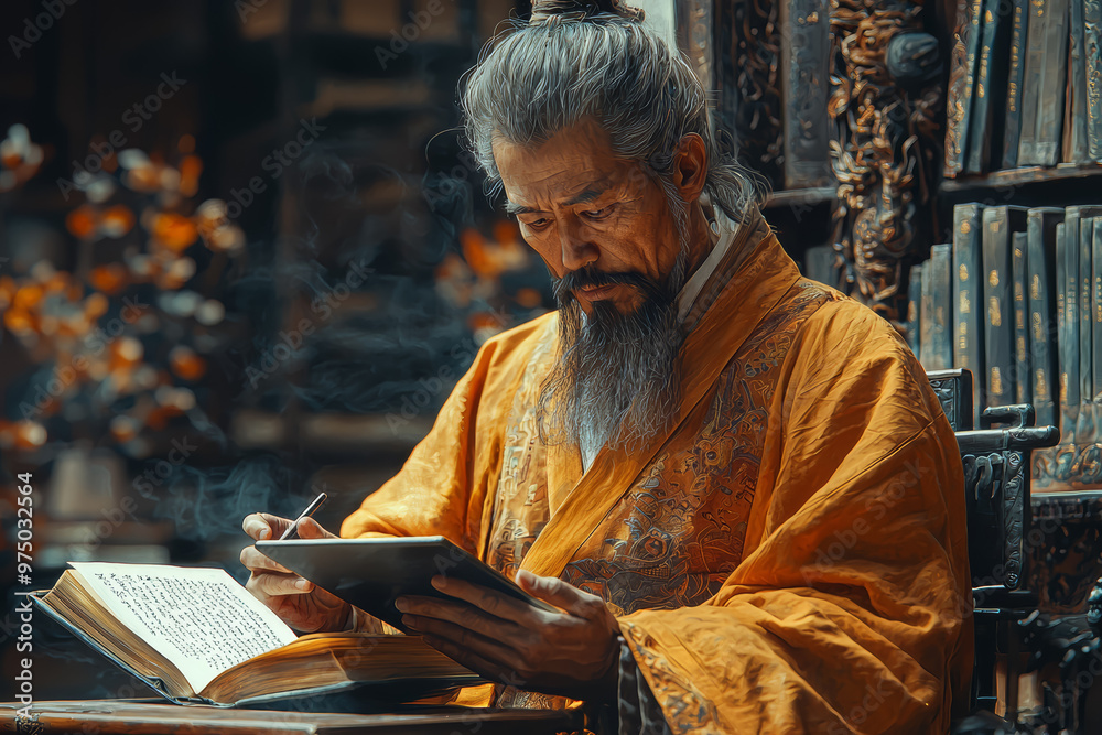 An ancient Chinese scholar studying classical texts with the aid of digital tablets in a modern library. Concept of historical scholarship with modern technology. An ancient Chinese scholar studying classical texts with the aid of digital tablets in a modern library. Concept of historical scholarship with modern technology.