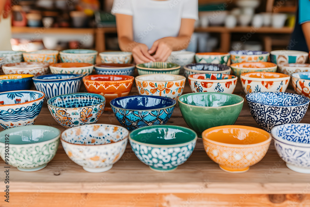 Person Examining a Colorful Ceramic Bowl Among Various Artisanal Pottery | Handcrafted Ceramics and Unique Home Decor Selection Person Examining a Colorful Ceramic Bowl Among Various Artisanal Pottery | Handcrafted Ceramics and Unique Home Decor Selection