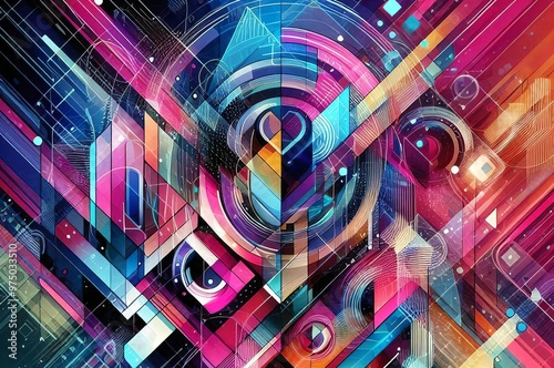 Abstract geometric composition with pastel colors and intricate details
