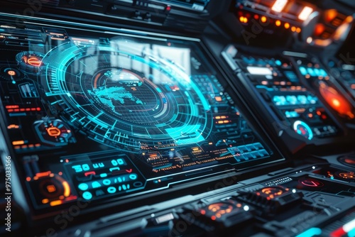 Futuristic control panel with a world map interface, visualizing data analysis and global connections in a spaceship