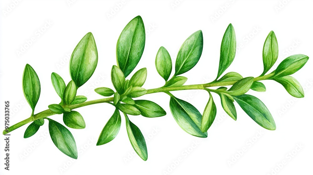 Obraz premium A white background featuring a branch with green foliage and space for text or images